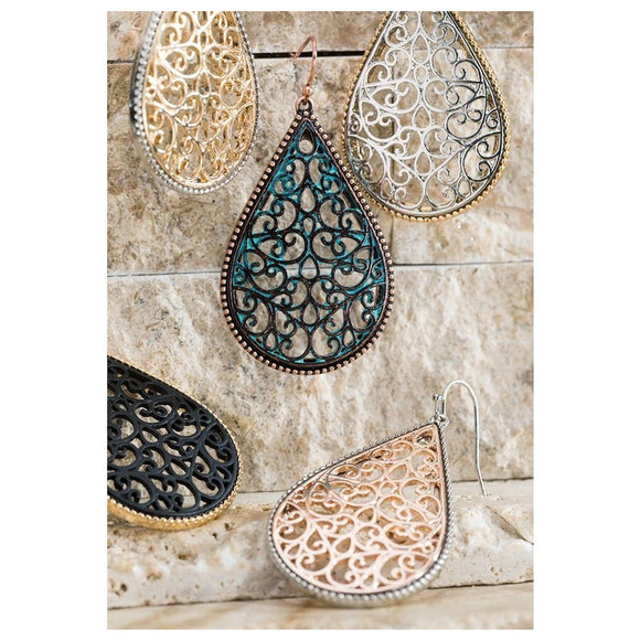 Boutique Two Tone Metallic Patina Rose Gold Filigree Teardrop Dangle Earrings - Picture 2 of 3